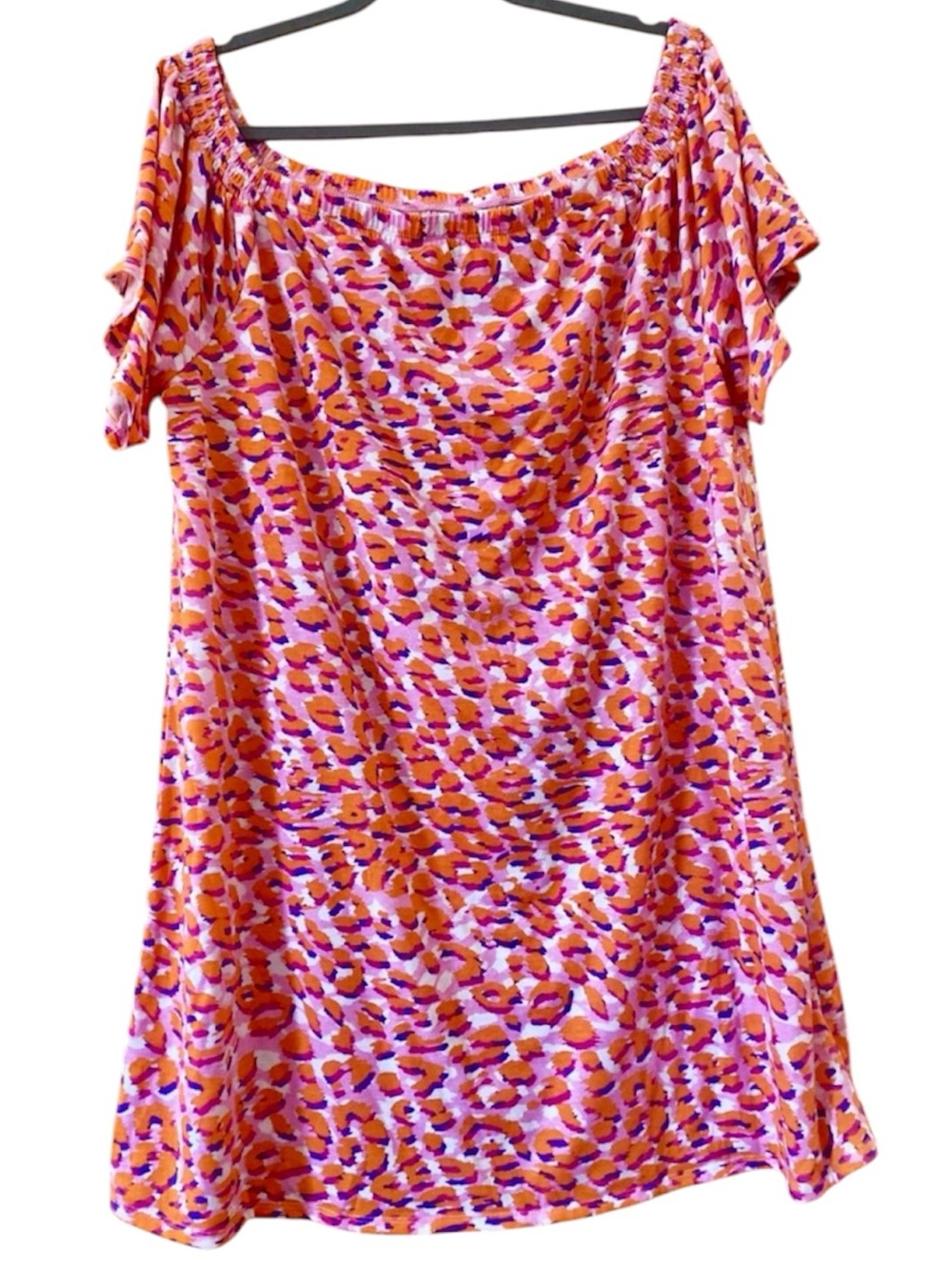 West Loop XL Pink Orange Leopard Print Cold Shoulder Tunic Top Boho Stretch
